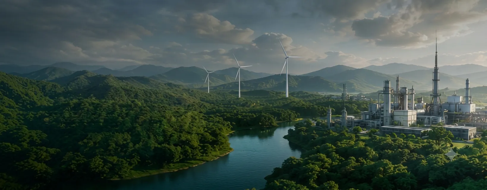 Floresta, rio, turbinas eólicas e indústria em harmonia
